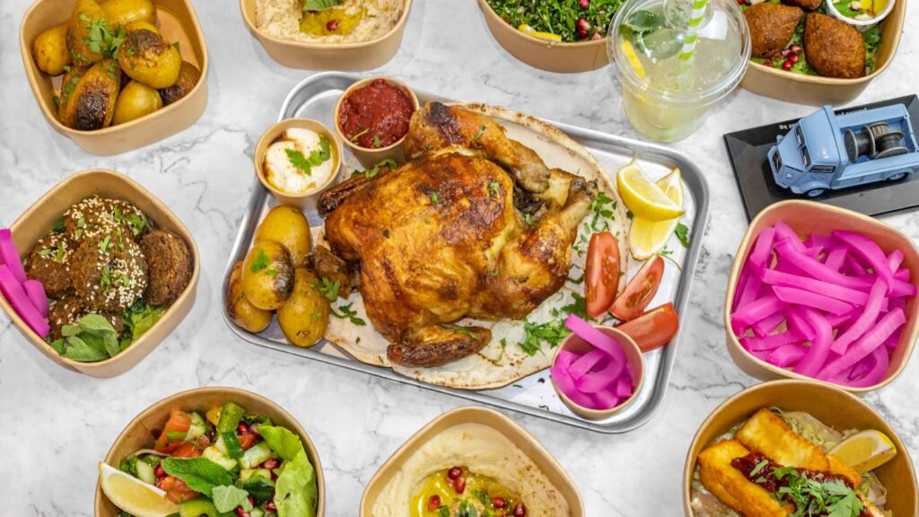 Rotisserie chicken, falafel, salads and dips from Emilio's Lebanese street food, Harpenden