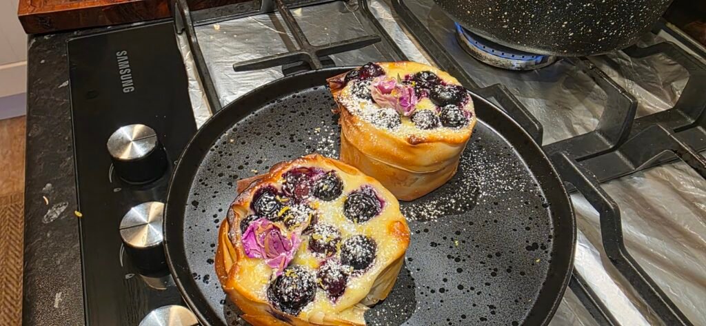 Freshly baked berry and custard filo tarts at Kalimera, Harpenden
